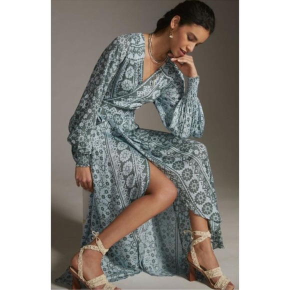 Anthropologie Omika Printed Wrap Maxi Dress Size L aqua green - Picture 1 of 9